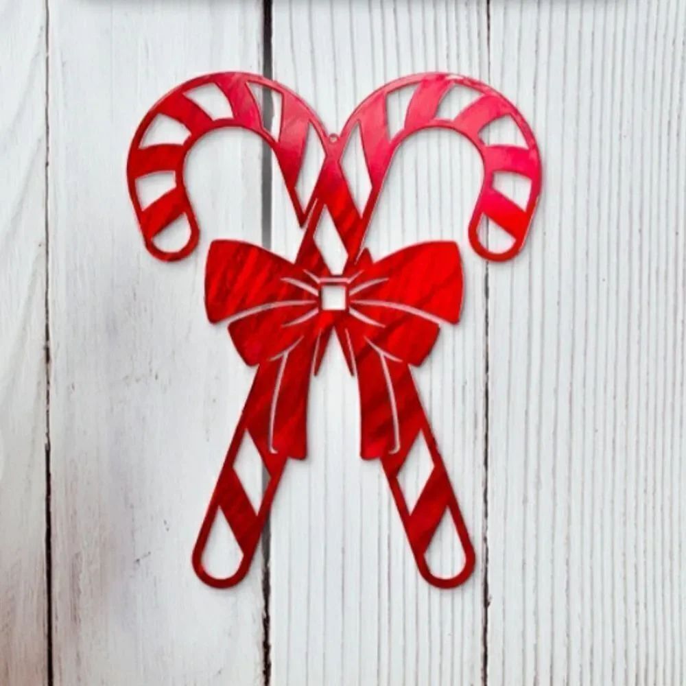 Red Holiday Candy Cane Weather Resistant Metal Wall Decor - 9" x 7"